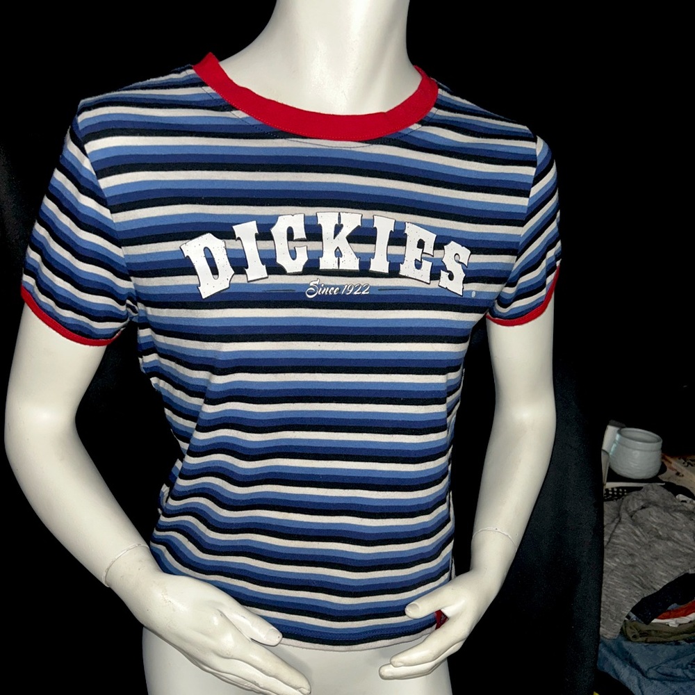 Dickies Navy and White Striped Baby Tee with Red Collar